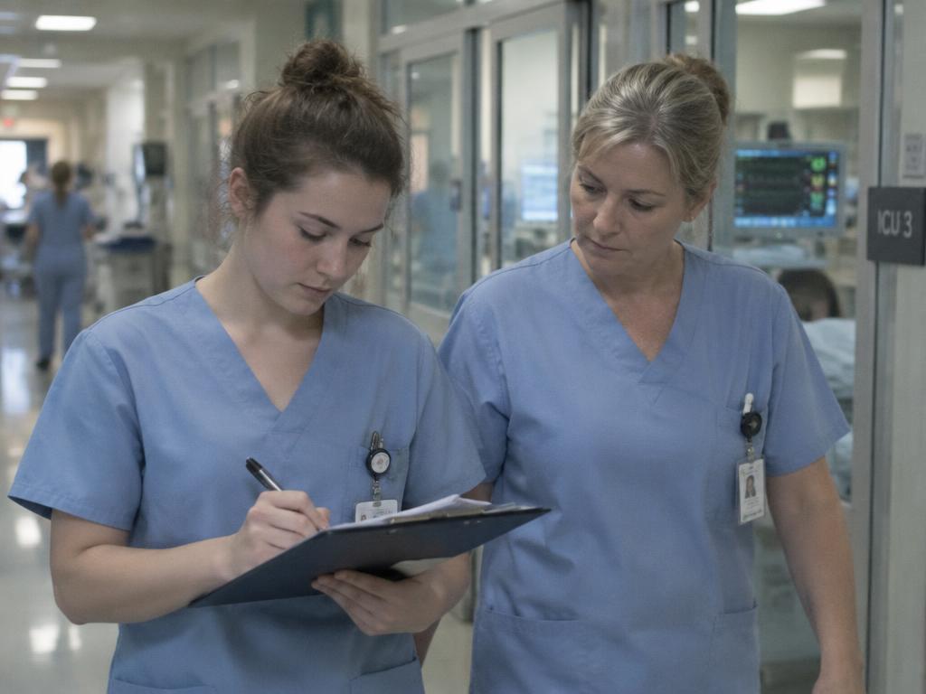 Une étudiante en tenue bleu clair prend des notes accompagnée d'une soignante