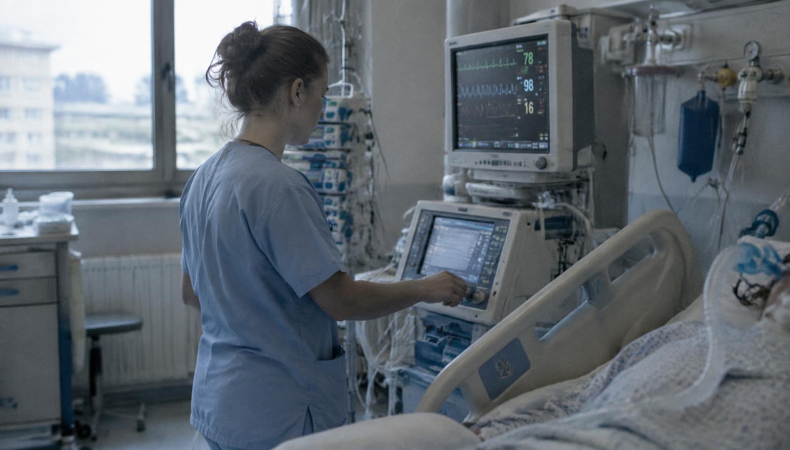 Une infirmière du service de Réanimation auprès d'un patient