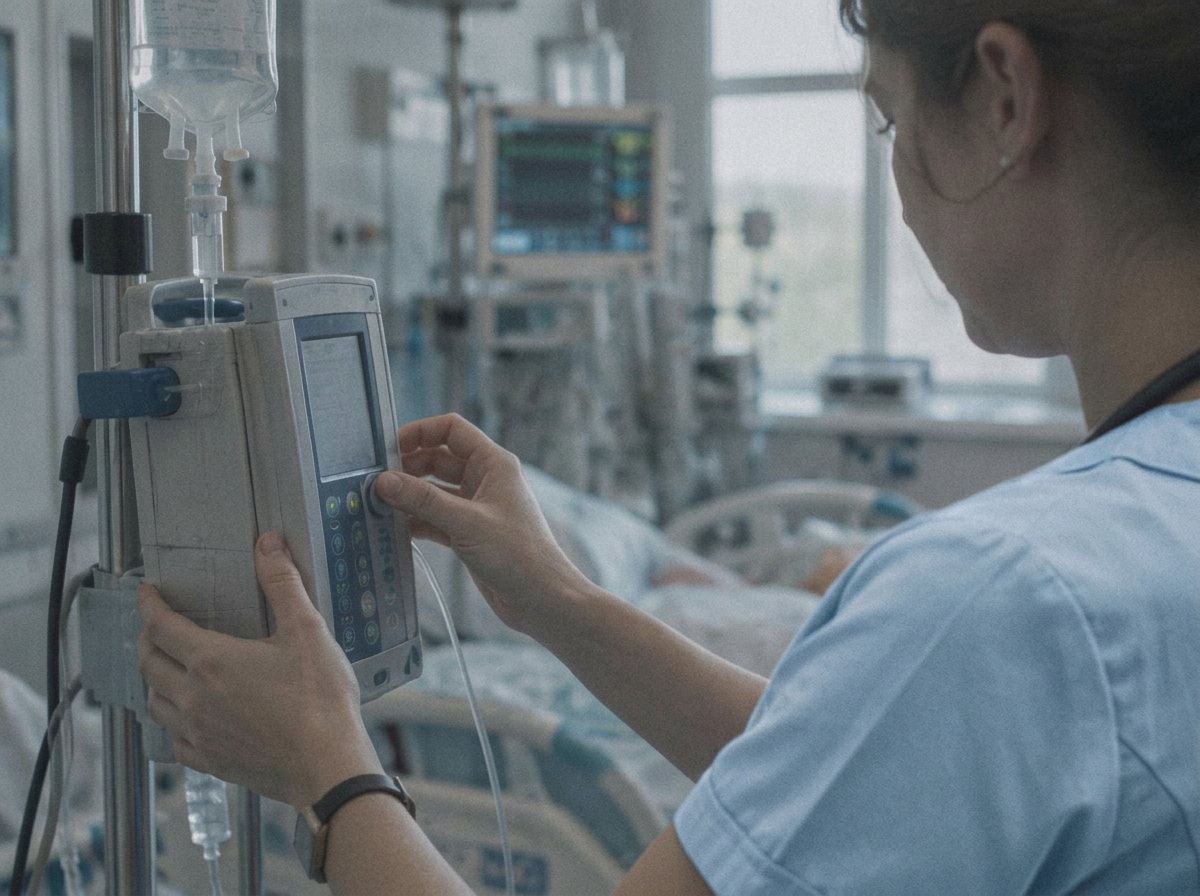 Une infirmière ajuste une pompe à perfusion en réanimation